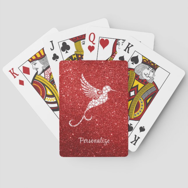 Glam Red Glitter White Hummingbird Personalize Poker Cards (Back)