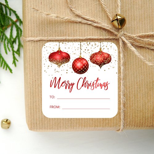 Glam Red Gold Ornaments Merry Christmas To From Square Sticker