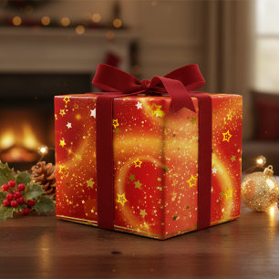 Glam Red Gold Stars Magical Christmas Holidays Wrapping Paper Sheets