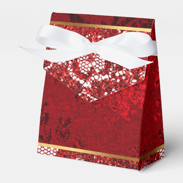 Glam Red Gold White Lace Gift Favor Boxes (Front Side)