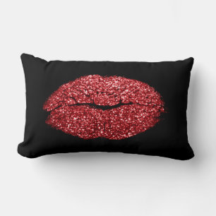 Glam Red Lips Glitter Black Makeup Kiss Lumbar Pillow