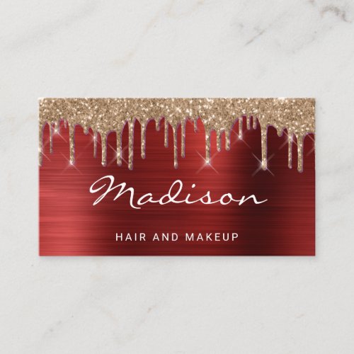 Glam Red Metal Gold Glitter Drip Hair  Makeup Business Card