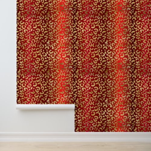 Glam Red Ombre Gold Leopard Pattern Wallpaper