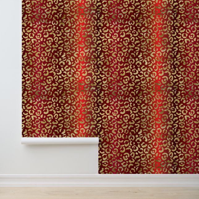 Glam Red Ombre Gold Leopard Pattern Wallpaper (Application)