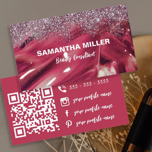 Glam Red Pink Marble Glitter Beauty Consultant Business Card