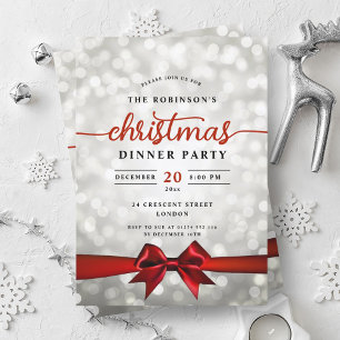 Glam Red Ribbon Silver Lights Christmas Party Invitation