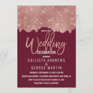 Glam Red Rose Gold Glitter Color Block Wedding Invitation