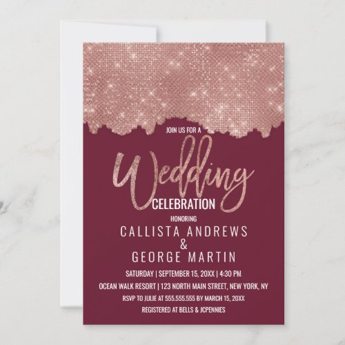 Glam Red Rose Gold Glitter Color Block Wedding Invitation