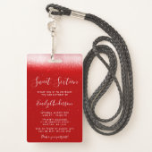 Glam Red Sweet 16  Invitation VIP Pass Badge (Back with Lanyard)