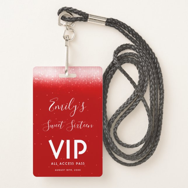 Glam Red Sweet 16  Invitation VIP Pass Badge (Front with Lanyard)