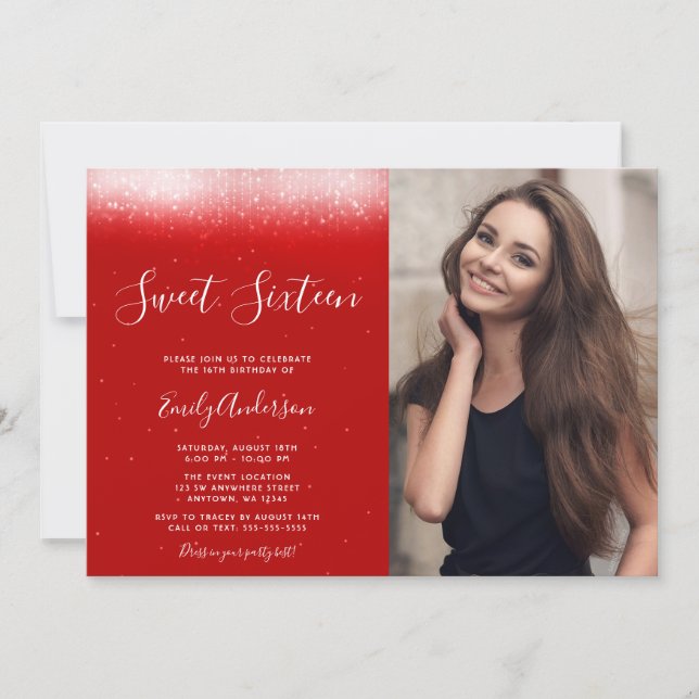 Glam Red Sweet 16 Photo Invitation (Front)
