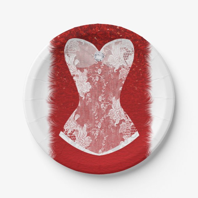 Glam Red & White Holiday Lingerie Shower Party Paper Plates (Front)
