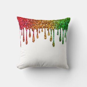 Glam Red Yellow Green Rasta Rainbow Glitter Drips Throw Pillow