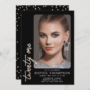 Glam Rhinestones Black White 21st Birthday Photo Invitation