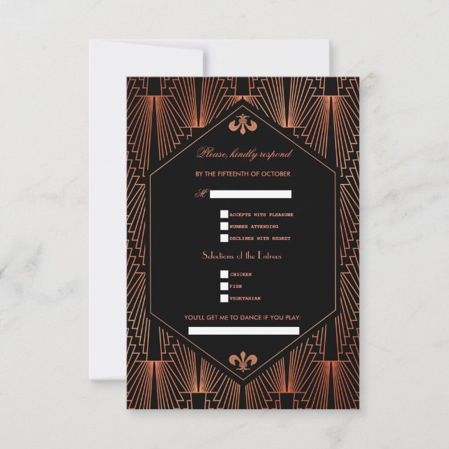 Glam Roaring 20s Great Gatsby Copper Black Wedding RSVP Card (Front)