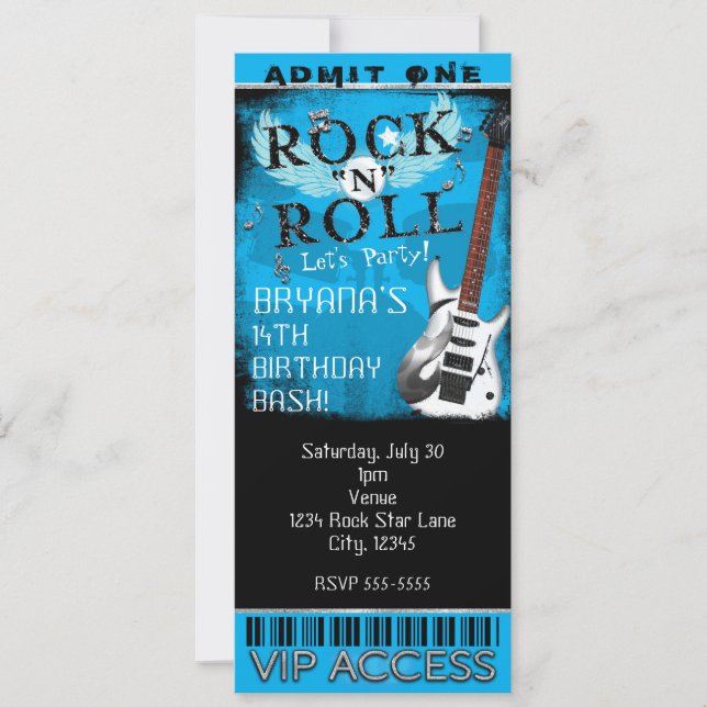 Glam Rock N Roll Star Birthday Ticket VIP Blue Invitation (Front)