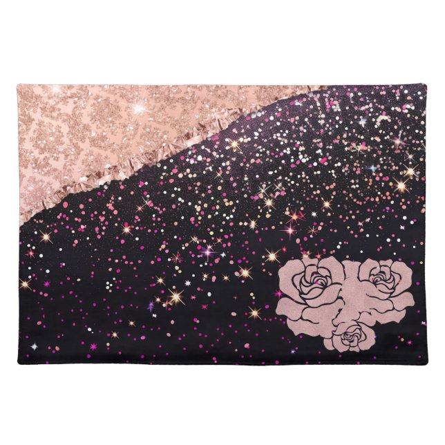 Glam Rose Black Glitter Blush Roses Cloth Placemat (Front)