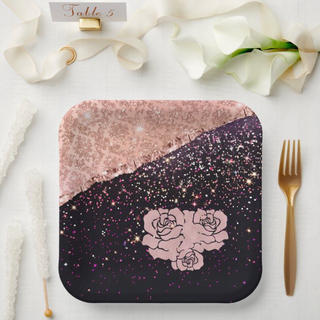 Glam Rose Black Glitter Blush Roses Paper Plates (Wedding)