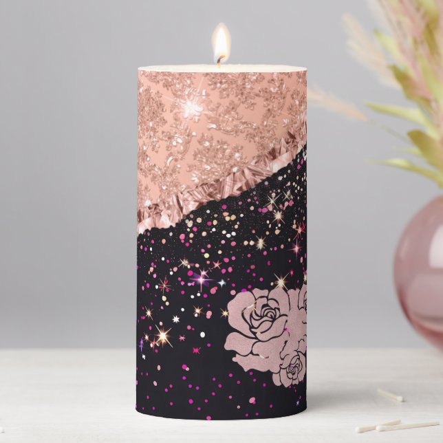 Glam Rose Black Glitter Blush Roses Pillar Candle (In Situ)