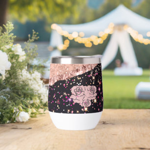 Glam Rose Black Glitter Blush Roses Thermal Wine Tumbler