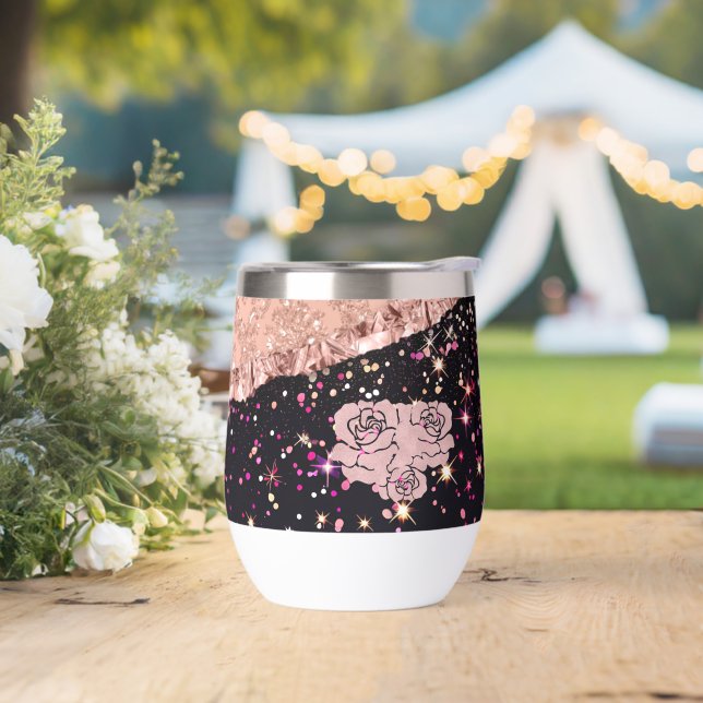 Glam Rose Black Glitter Blush Roses Thermal Wine Tumbler (Wedding)