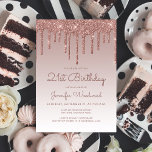 Glam Rose Gold 21st Birthday Party Invitation<br><div class="desc">This trendy 21st birthday invitation features a sparkly rose gold faux glitter drip border and ombre background. The words "21st Birthday" and the name of the guest of honor appear in dark rose casual handwriting script, with the rest of the customizable text in sans serif font. The same rose gold...</div>
