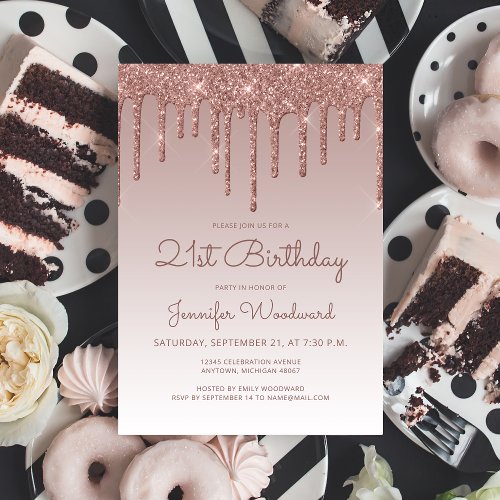 Glam Rose Gold 21st Birthday Party Invitation