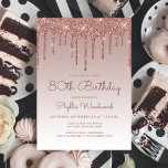 Glam Rose Gold 80th Birthday Party Invitation<br><div class="desc">This trendy 80th birthday invitation features a sparkly rose gold faux glitter drip border and ombre background. The words "80th Birthday" and the name of the guest of honor appear in dark rose casual handwriting script, with the rest of the customizable text in sans serif font. The same rose gold...</div>
