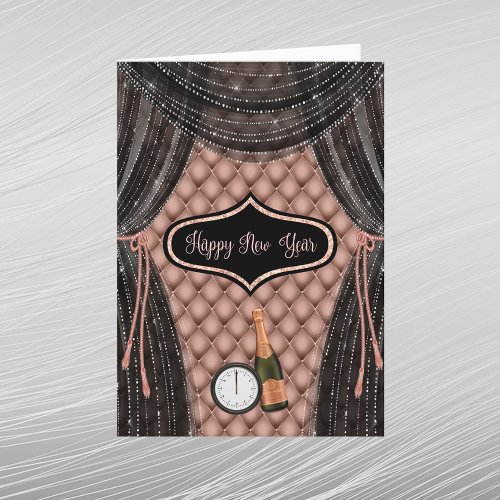 Glam Rose Gold black Champagne Clock New Year  Holiday Card