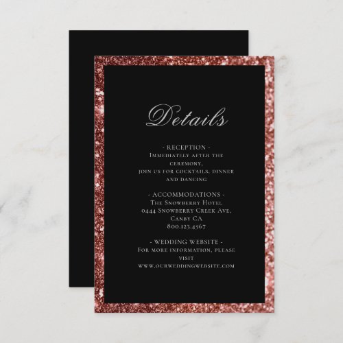 Glam Rose Gold Black Glitter Wedding Details Enclosure Card