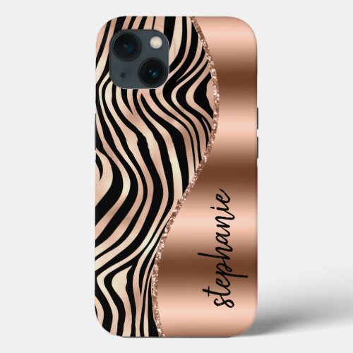 Glam Rose Gold Black Tiger Stripes Name iPhone 13 Case