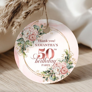Glam Rose Gold Blush Floral 50th Birthday Favor   Tags