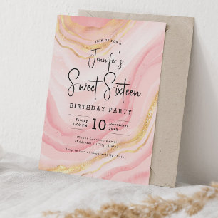 Glam Rose Gold Blush Marble Glitter Sweet 16 Party Invitation