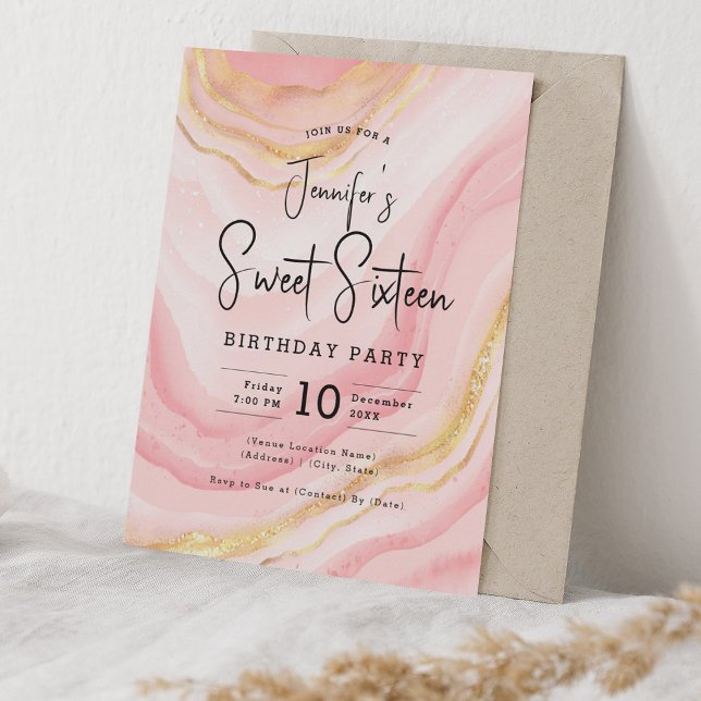Glam Rose Gold Blush Marble Glitter Sweet 16 Party Invitation (Glam Rose Gold Blush Marble Glitter Sweet 16 Party Invitation)