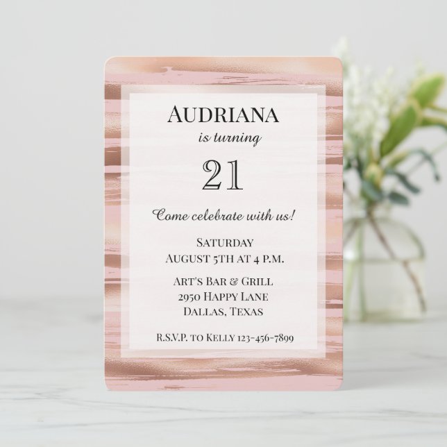 Glam Rose Gold Blush Stripes Birthday Invitation (Standing Front)