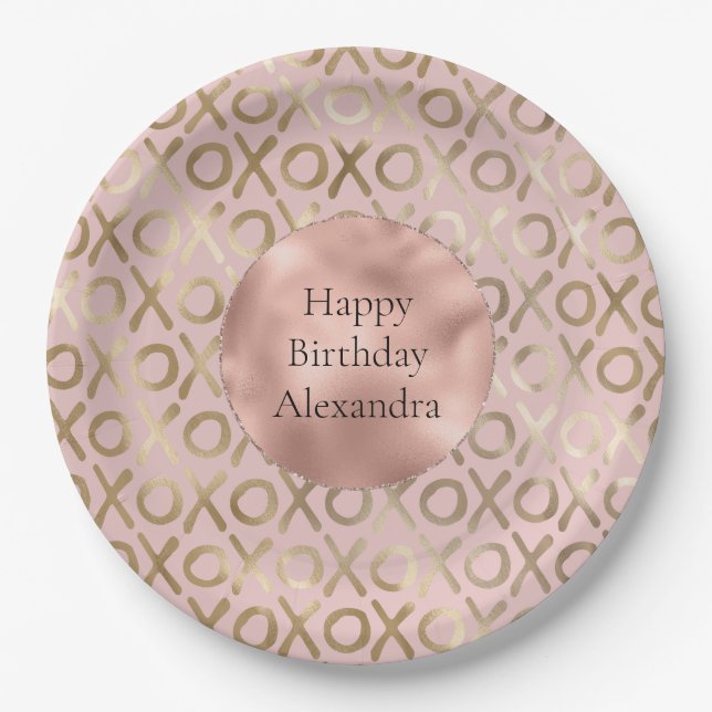 Glam Rose Gold Blush XOXO Birthday Paper Plates (Front)