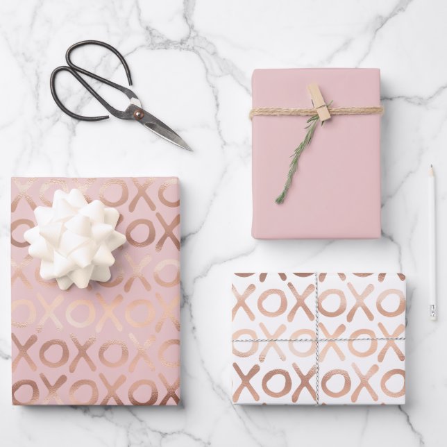Glam Rose Gold Blush XOXO Wrapping Paper Sheets (Front)