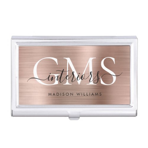 Glam Rose Gold Brushed Metal 3 Monogram Script Business Card Case