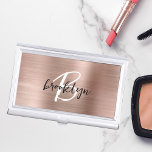 Glam Rose Gold Brushed Metal Black White Monogram Business Card Case<br><div class="desc">This trendy modern business card case features a monogram and first name in black and white script on a stylish rose gold faux brushed metal background.</div>