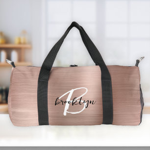 Glam Rose Gold Brushed Metal Black White Monogram Duffle Bag
