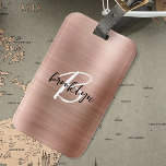 Glam Rose Gold Brushed Metal Black White Monogram  Luggage Tag<br><div class="desc">This elegant personalized luggage tag feature a monogram and first name in modern black and white script on a glam rose gold faux brushed metal background.</div>