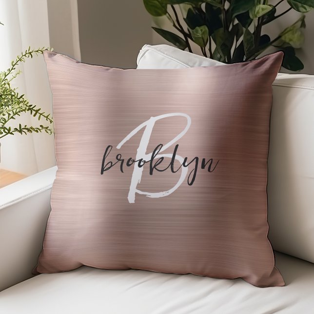 Glam Rose Gold Brushed Metal Black White Monogram  Throw Pillow (Creator Uploaded)
