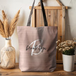 Glam Rose Gold Brushed Metal Black White Monogram  Tote Bag<br><div class="desc">This elegant personalized tote bag features a monogram and first name in modern black and white script on a glam rose gold brushed metal background.</div>