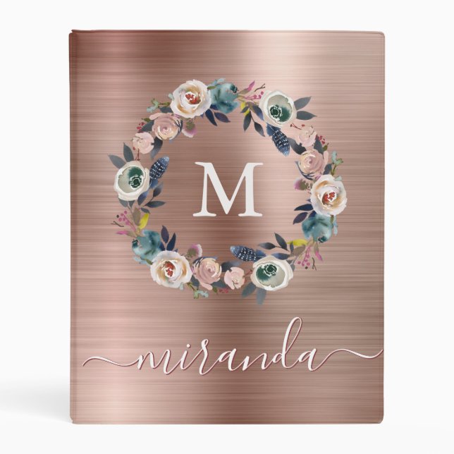Glam Rose Gold Brushed Metal Monogram Name Mini Binder (Front)