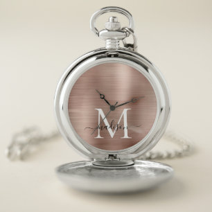 Glam Rose Gold Brushed Metal Monogram Name Script Pocket Watch