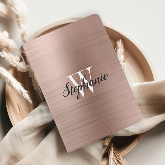 Glam Rose Gold Brushed Metal Monogram Passport Holder (Creator Uploaded)