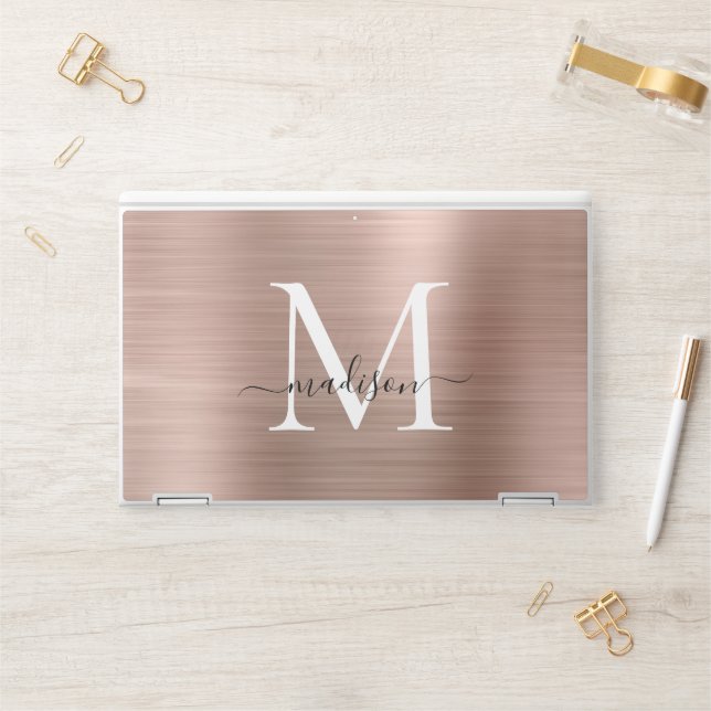 Glam Rose Gold Brushed Metal Monogram Script Name HP Laptop Skin (Desk)