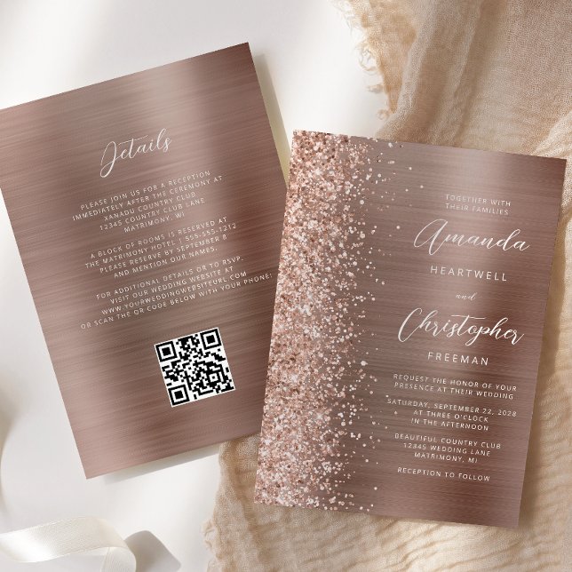 Glam Rose Gold Brushed Metal QR Code Wedding Invitation (Creator Uploaded)