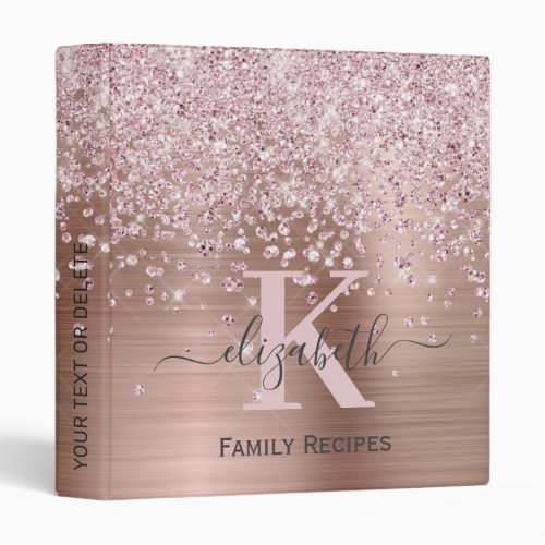 Glam Rose Gold Diamond Glitter Monogrammed Recipe 3 Ring Binder