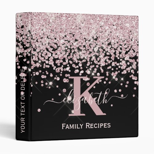 Glam Rose Gold Diamond Glitter Monogrammed Recipe  3 Ring Binder